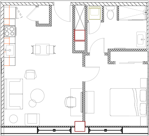 Floor plan for 1 bed, 1 bath, 575 sqft